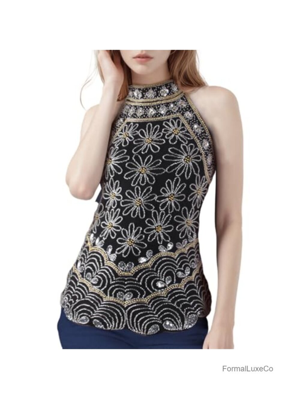 1920s Inspired Beaded Sequin High Neck Sleeveless Top